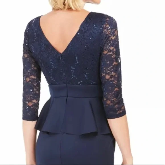 Women's Formal Dress Size 10 Jessica Howard Sequin Lace 3/4 Sleeve Navy Gown  NEW